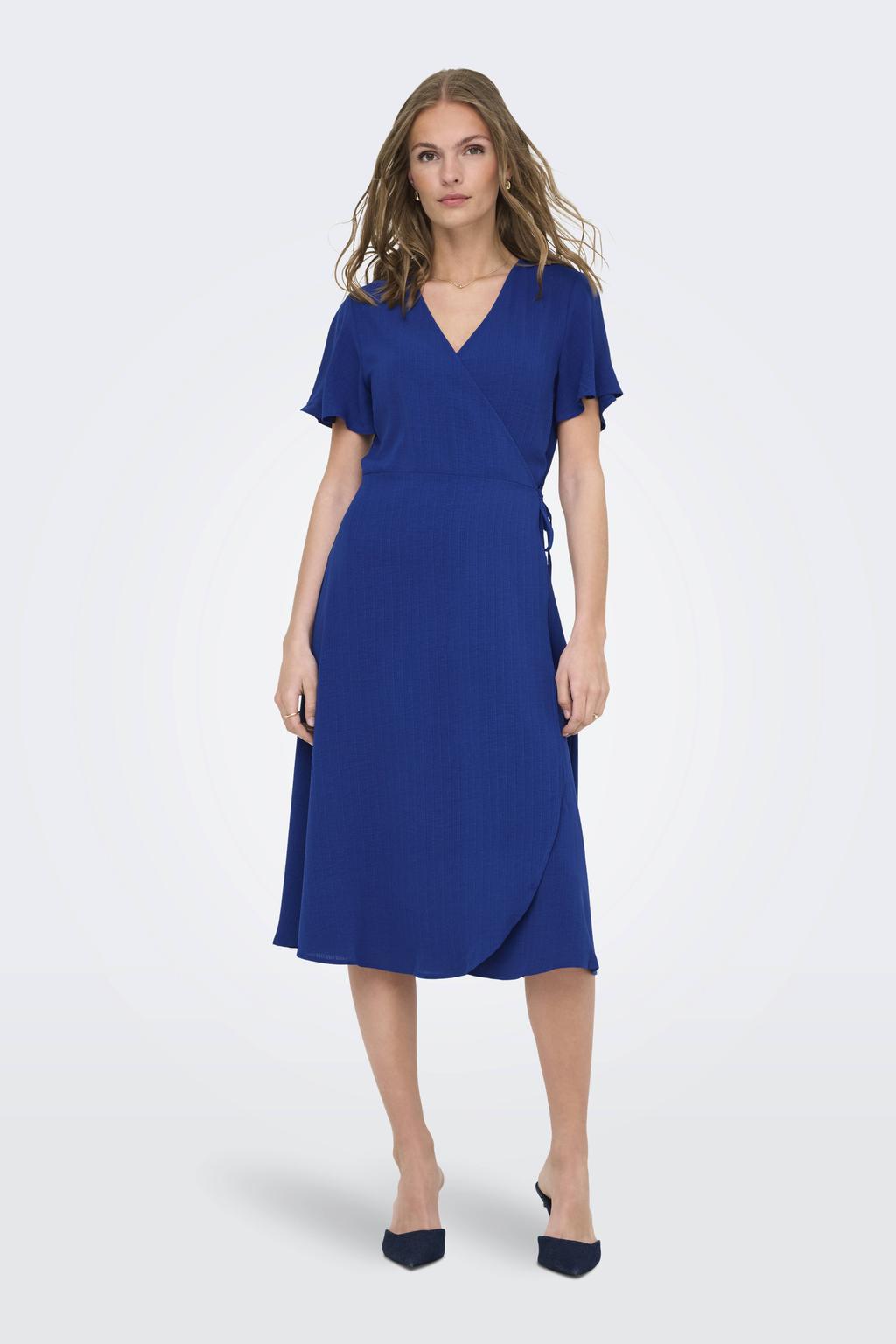 Donkerblauwe dames ONLY zomerjurk van polyester met effen, korte mouwen, overslagkraag, striksluiting en geweven detail