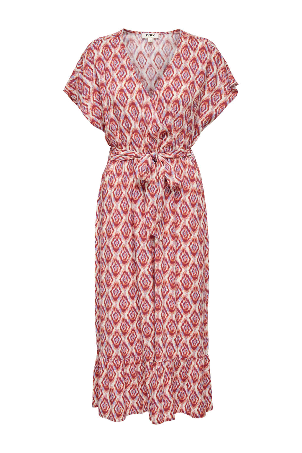 Rode dames ONLY zomerjurk van viscose met grafische print, korte mouwen, V-hals, striksluiting en geweven detail