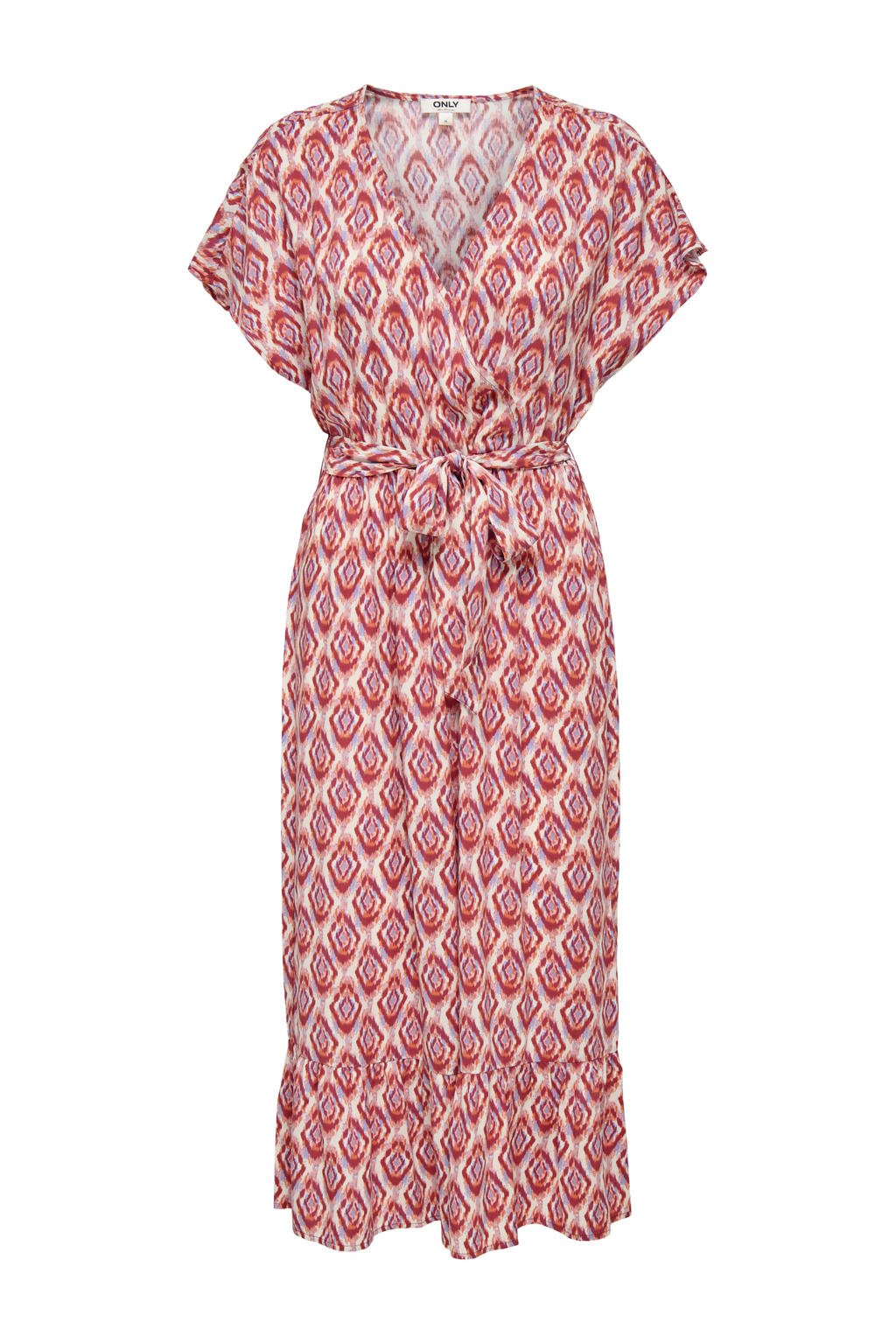 Rode dames ONLY zomerjurk van viscose met grafische print, korte mouwen, V-hals, striksluiting en geweven detail