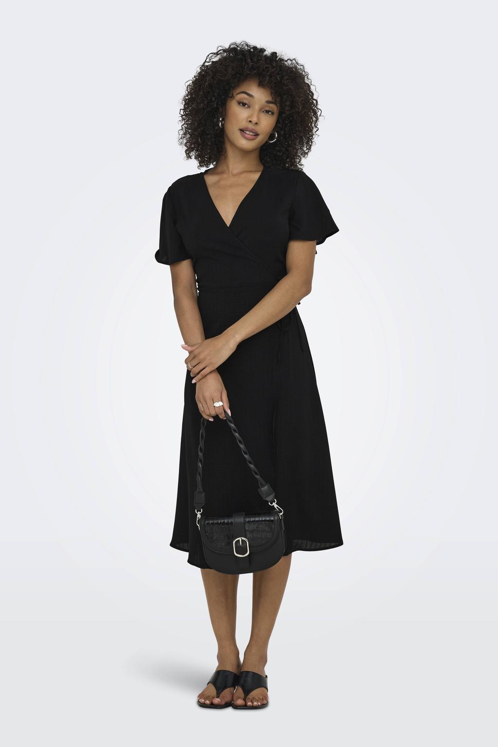 Zwarte dames ONLY zomerjurk van polyester met effen, korte mouwen, overslagkraag, striksluiting en geweven detail