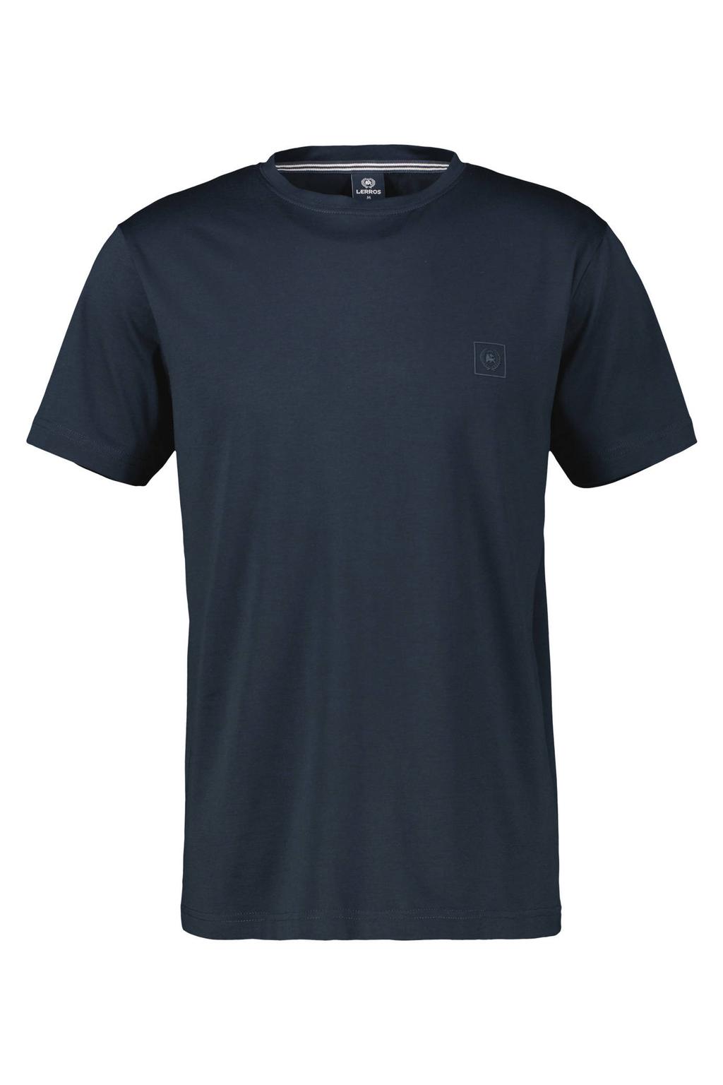 Donkerblauwe heren LERROS regular T-shirt van katoen met effen, korte mouwen en ronde hals