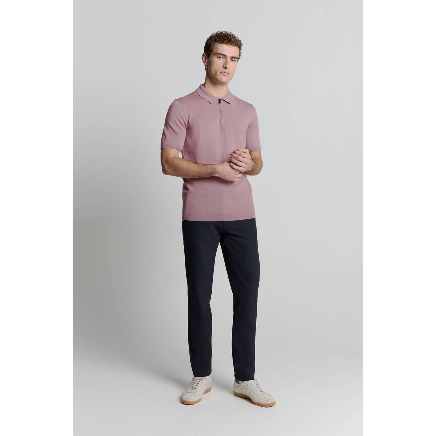 No Excess regular polo fijn gebreid roze