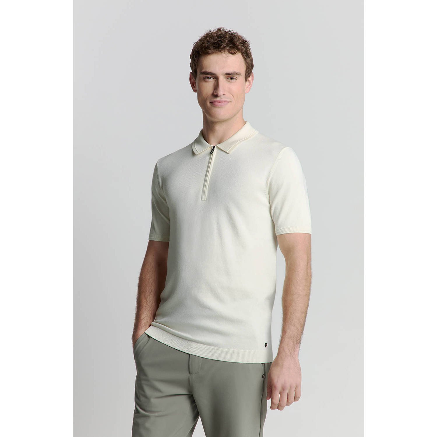 No Excess regular polo fijn gebreid ecru