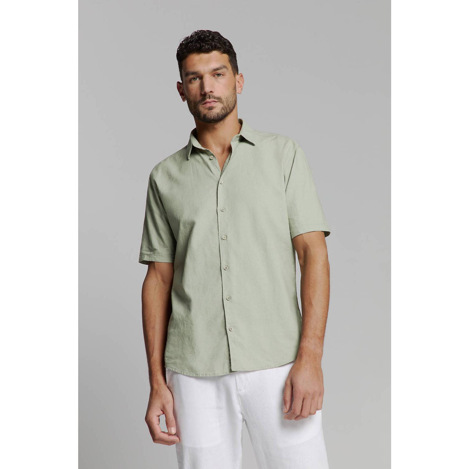 No Excess linnen casual overhemd lichtgroen