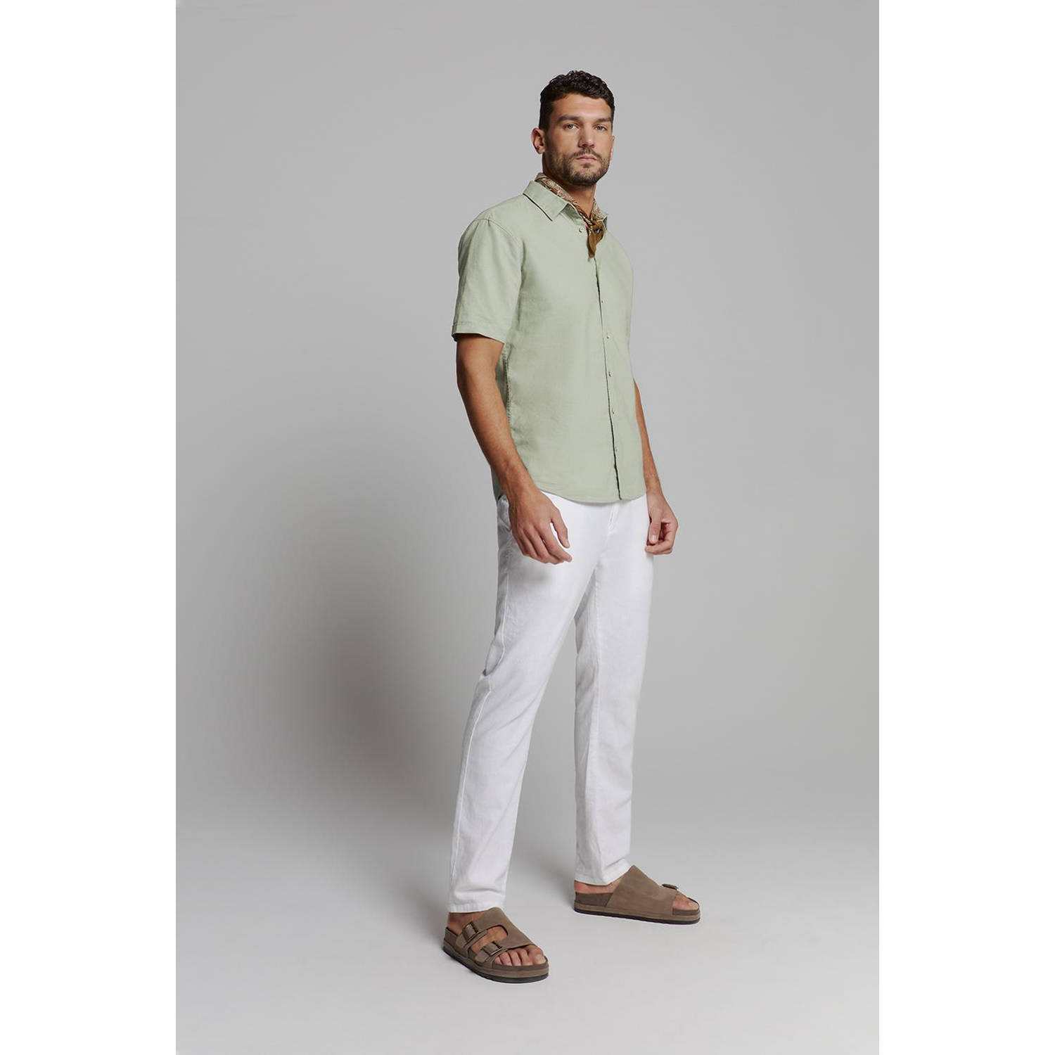 No Excess linnen casual overhemd lichtgroen