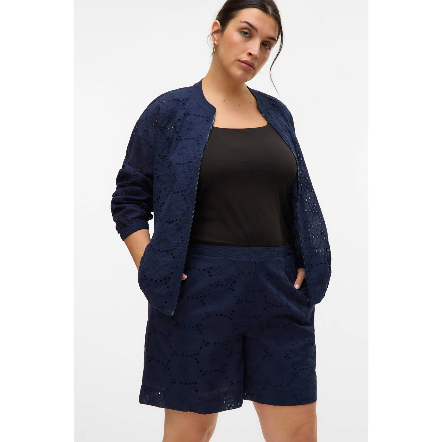 VERO MODA CURVE bomberjack broderie donkerblauw