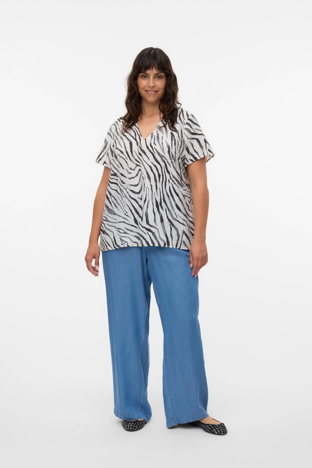 Medium blue denim dames VERO MODA CURVE wide leg regular waist broek van lyocell met elastische tailleband met koord en effen