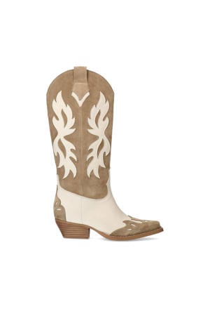 suède cowboylaarzen beige/wit