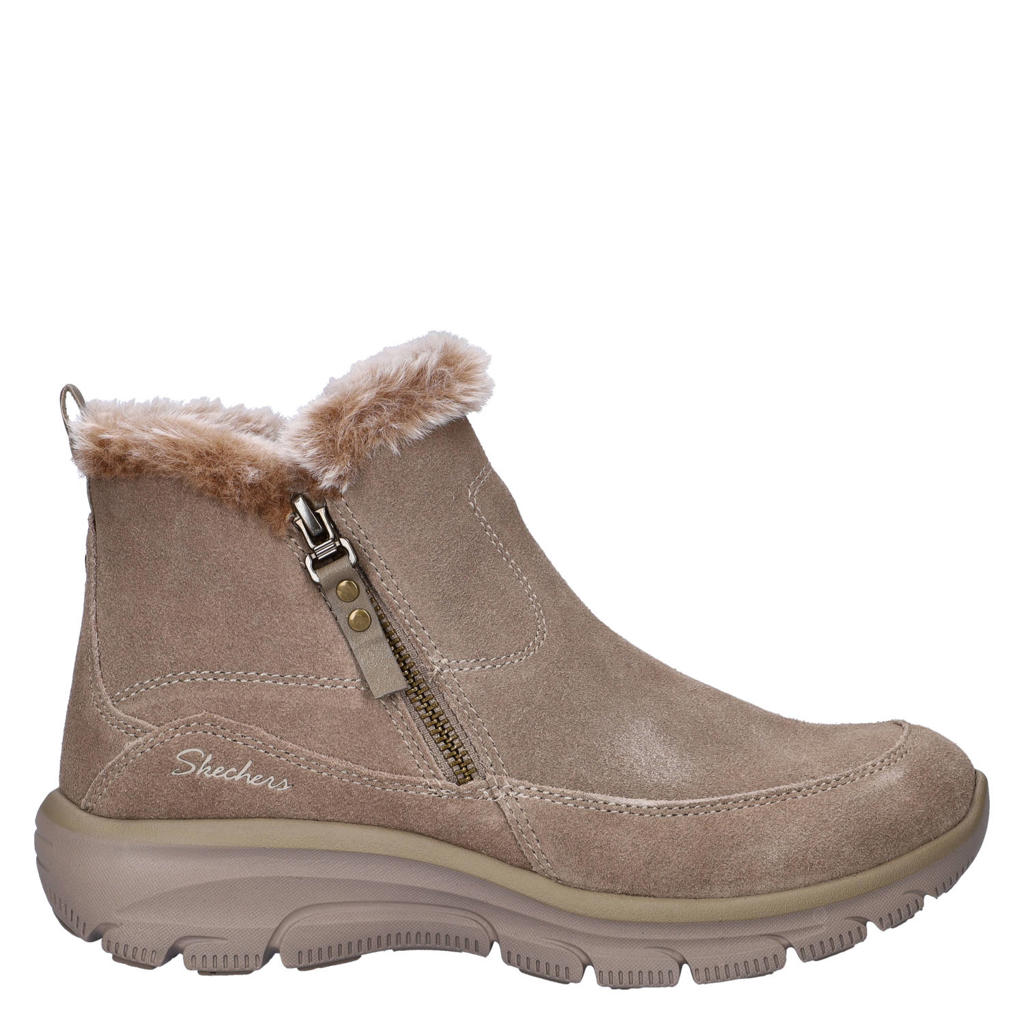 Taupe dames Skechers Easy Going gevoerde suède enkelboots