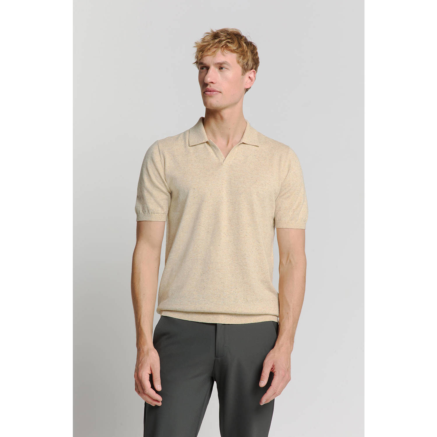 No Excess linnen regular polo fijn gebreid beige