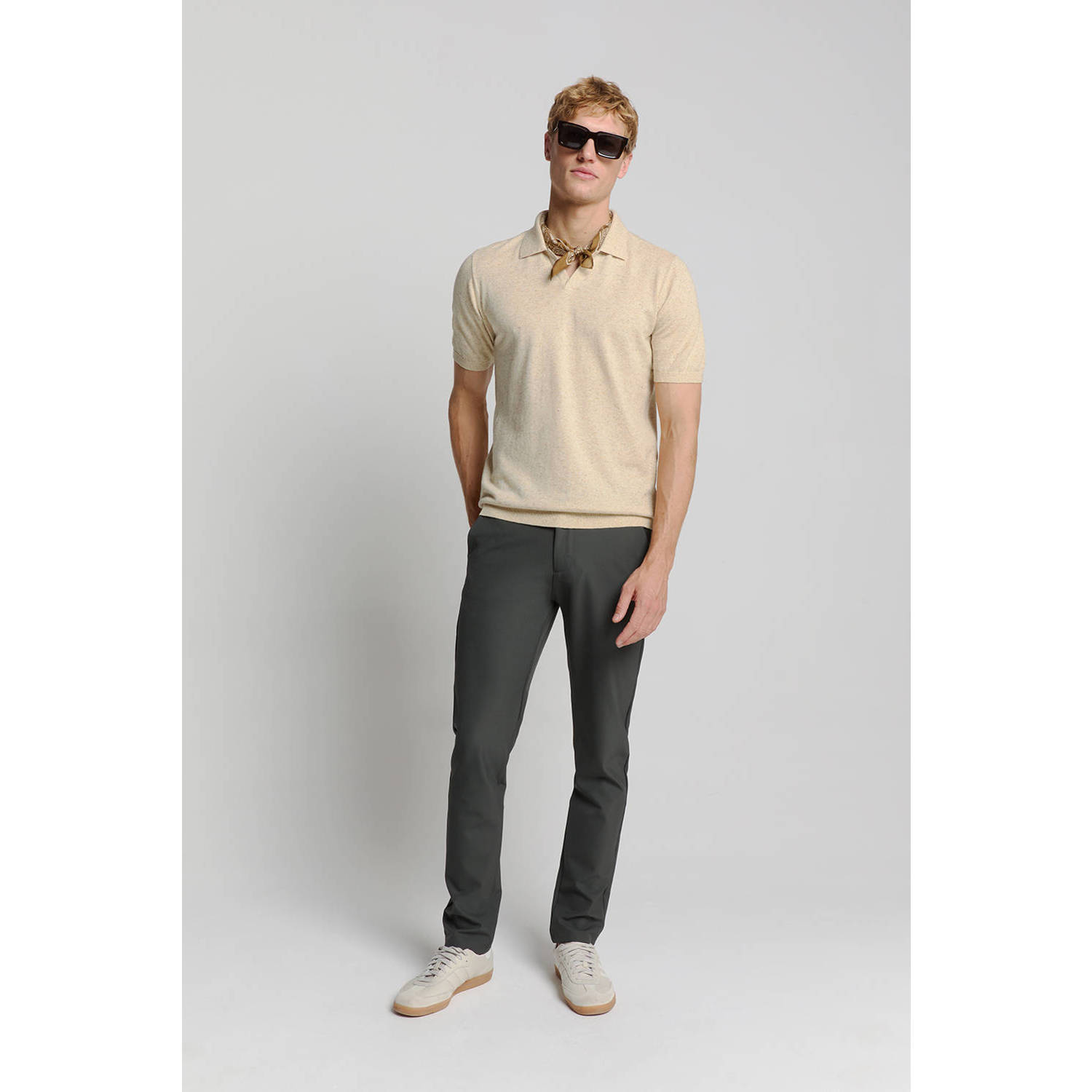 No Excess linnen regular polo fijn gebreid beige