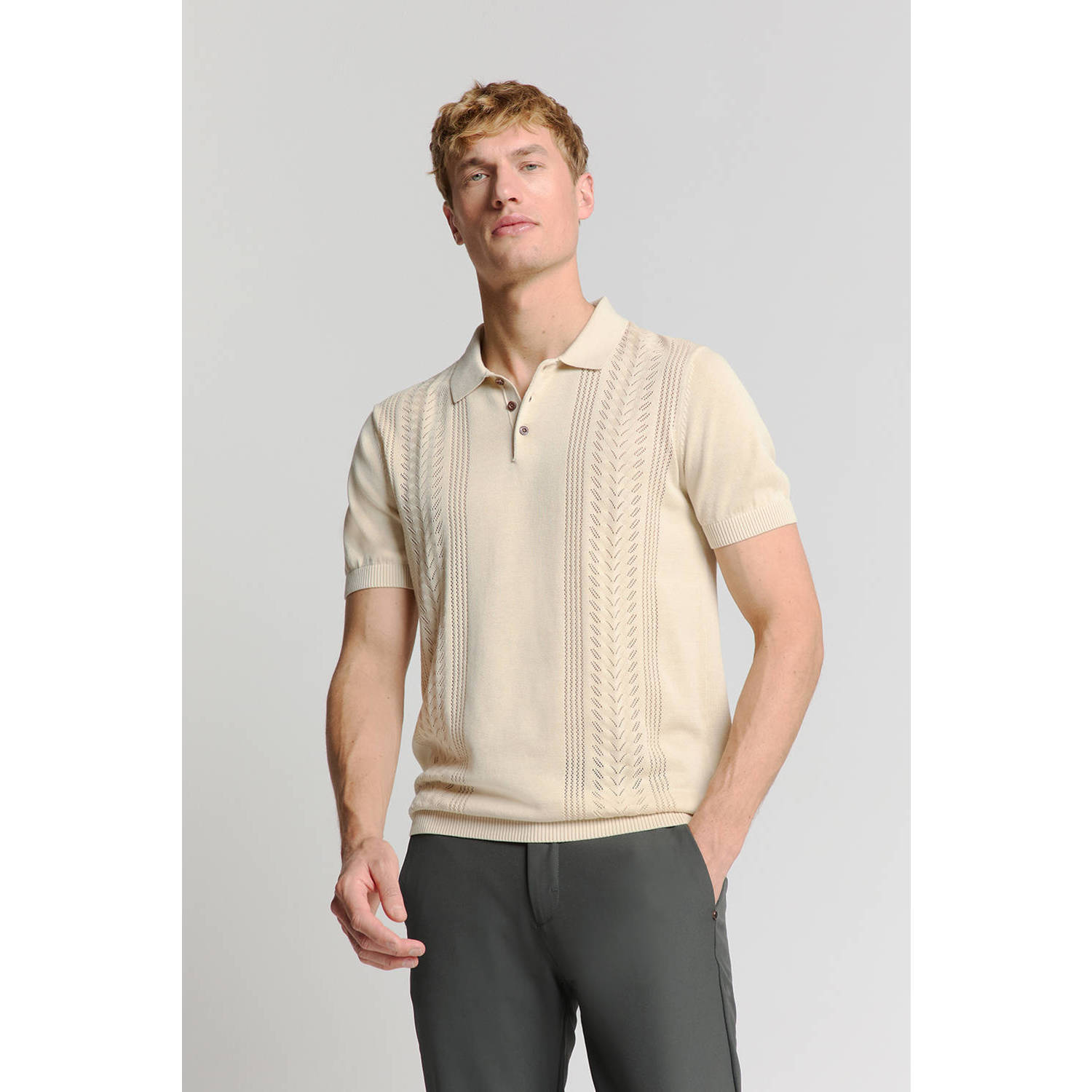 No Excess regular polo met ingebreid patroon beige