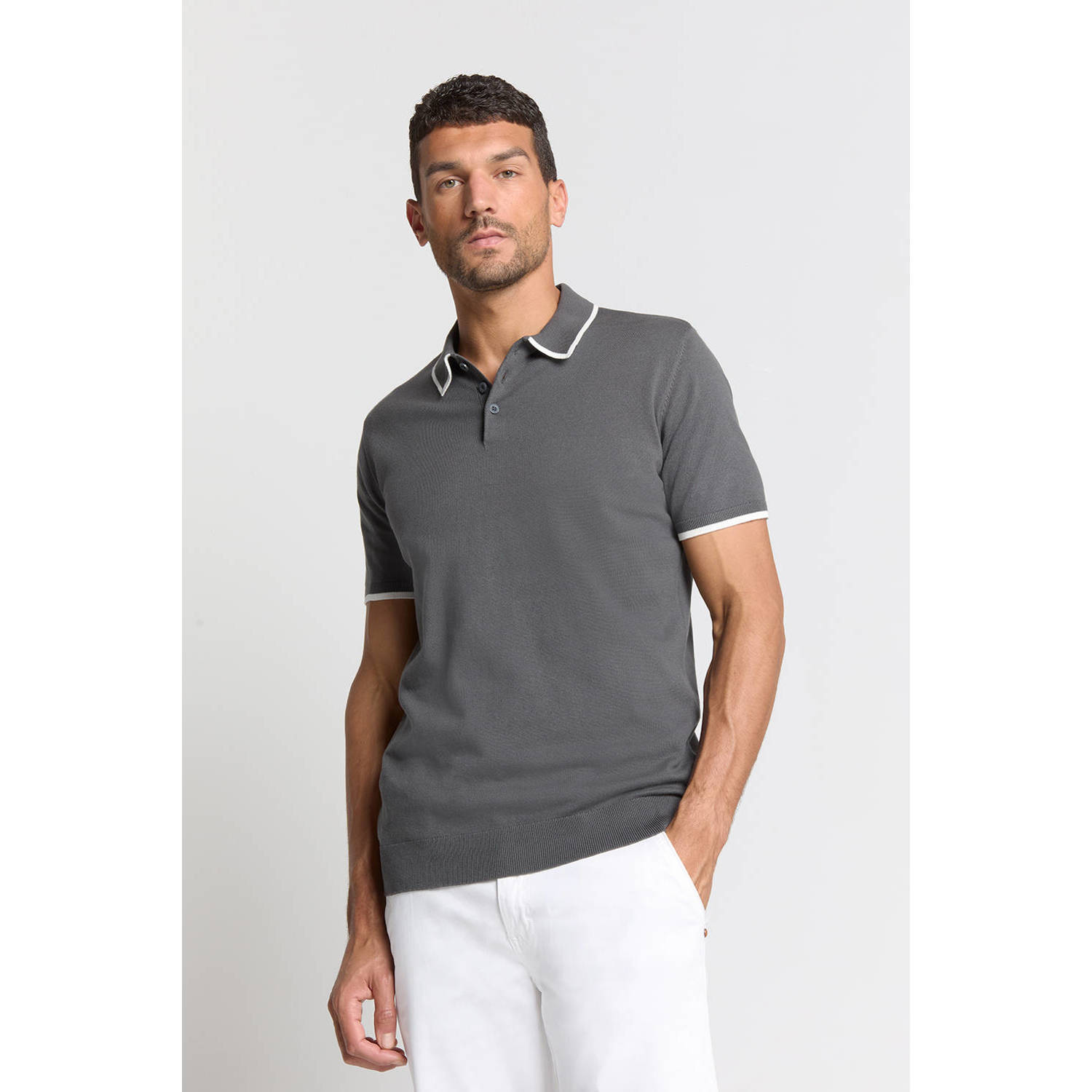 No Excess regular polo fijn gebreid grijs
