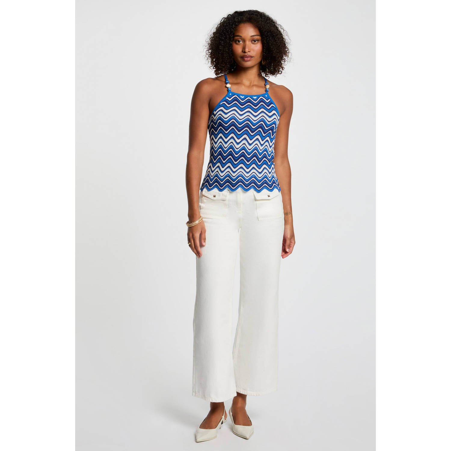 Morgan mouwloze top gebreid blauw wit