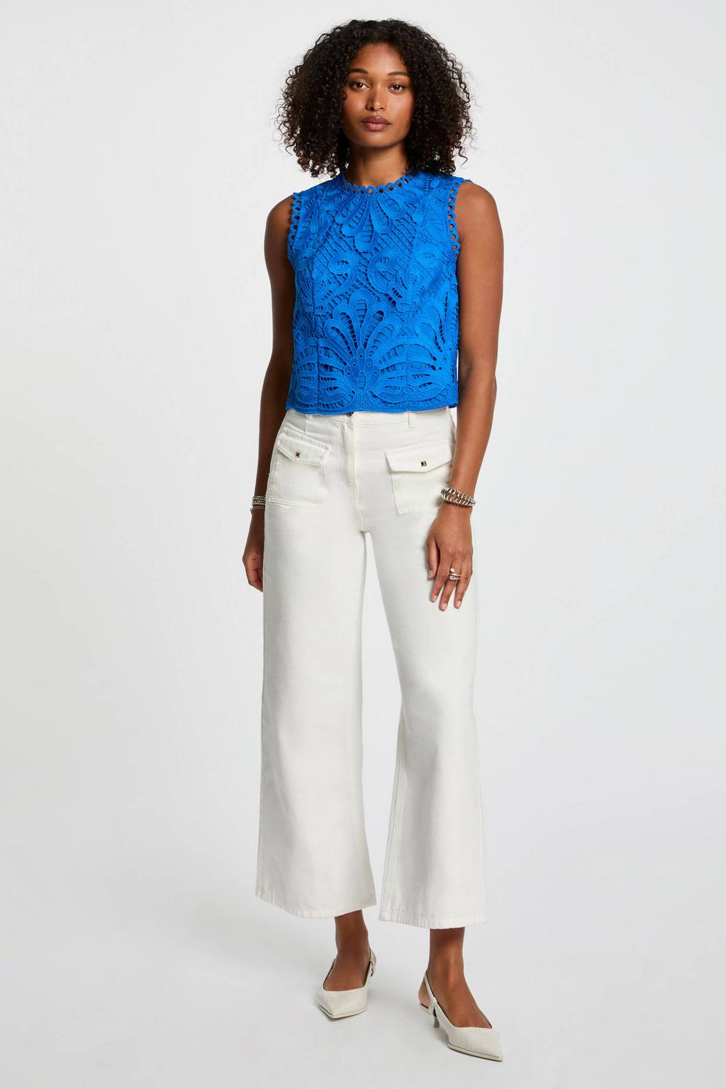 Blauwe dames Morgan mouwloze top gehaakt van polyester met effen, ronde hals en blinde ritssluiting