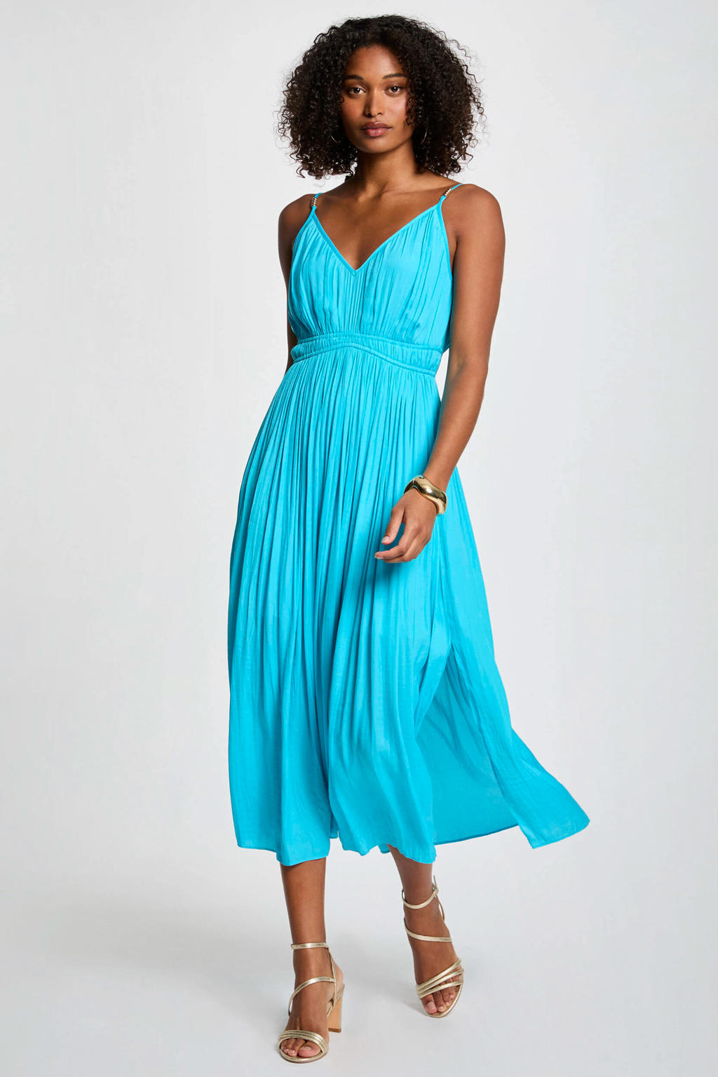 Turquoise dames Morgan zomerjurk van polyester met effen, spaghettibandjes, V-hals, elastische tailleband en sierbandjes