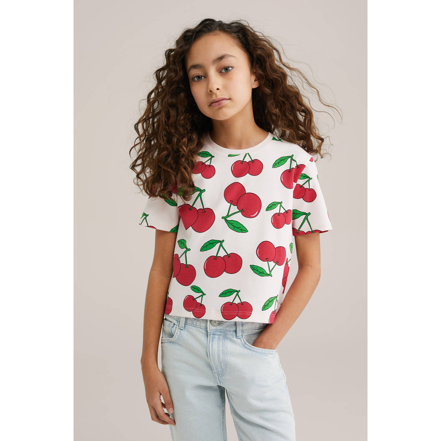WE Fashion T-shirt lichtroze rood groen