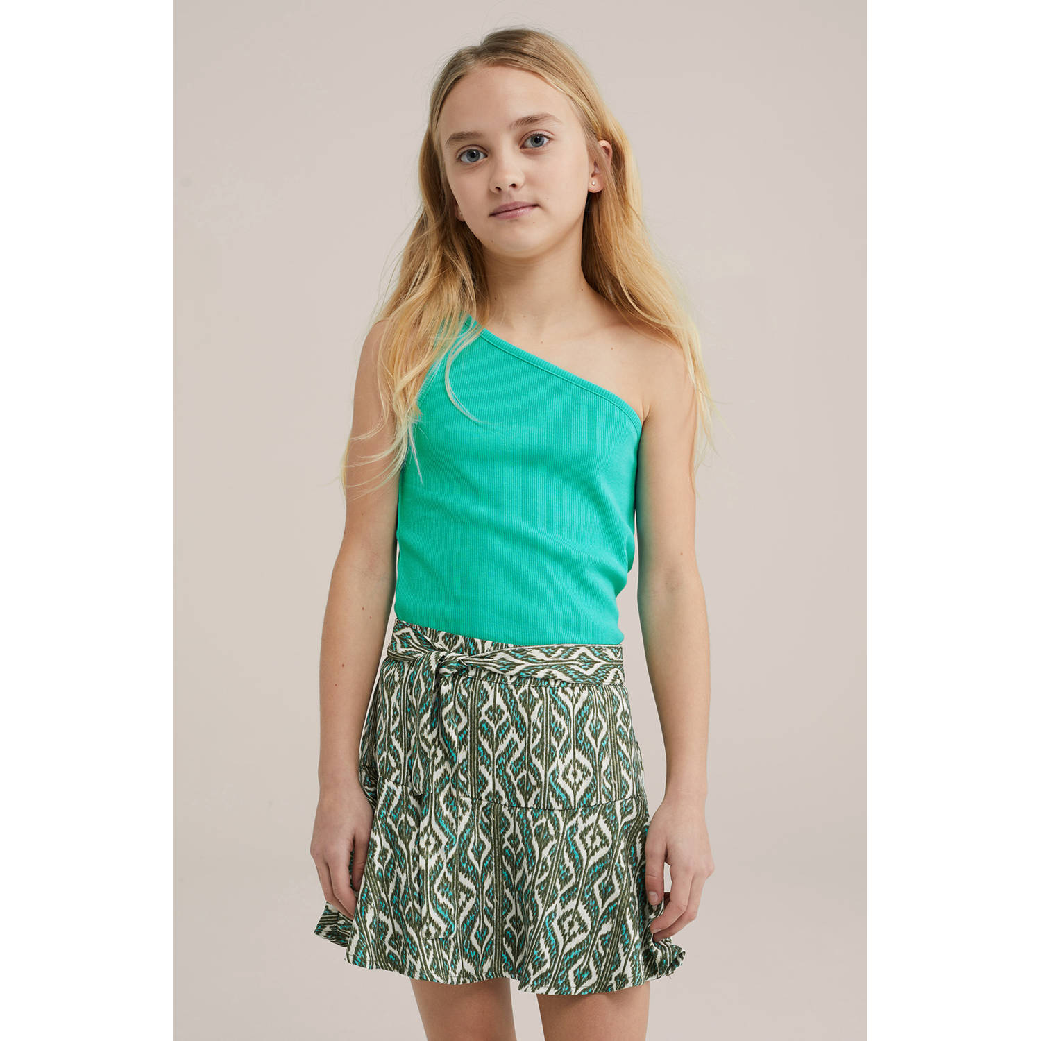 WE Fashion one shoulder top turquoise rib gebreid
