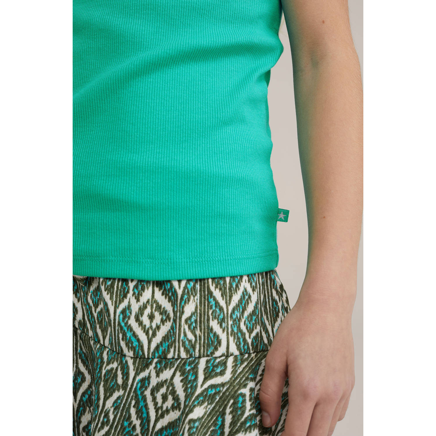 WE Fashion one shoulder top turquoise rib gebreid