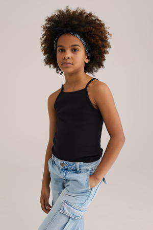 mouwloze top zwart rib gebreid