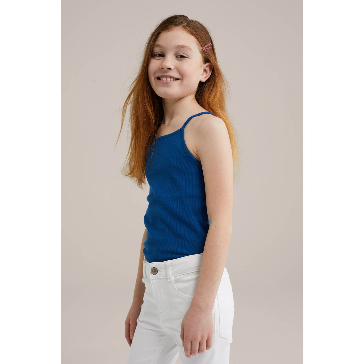 WE Fashion mouwloze top donkerblauw rib gebreid