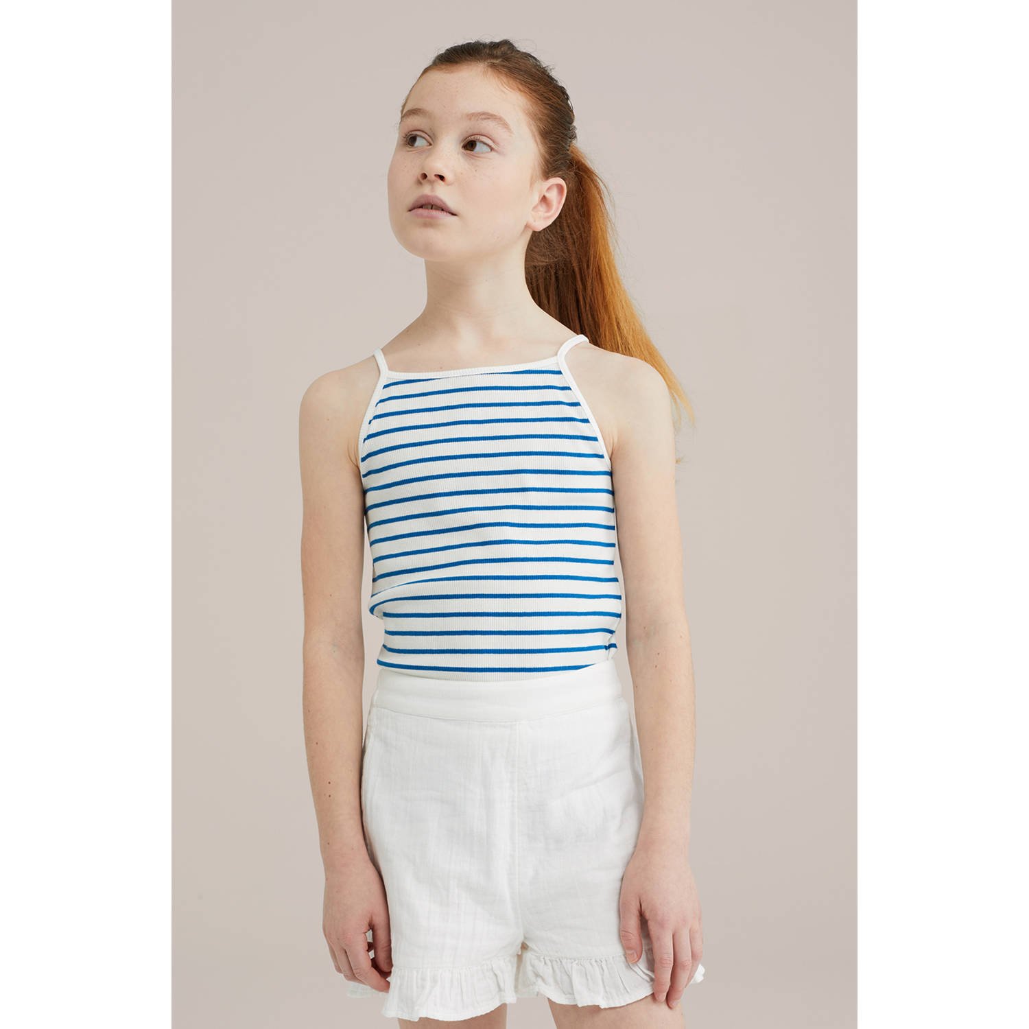 WE Fashion mouwloze top blauw rib gebreid