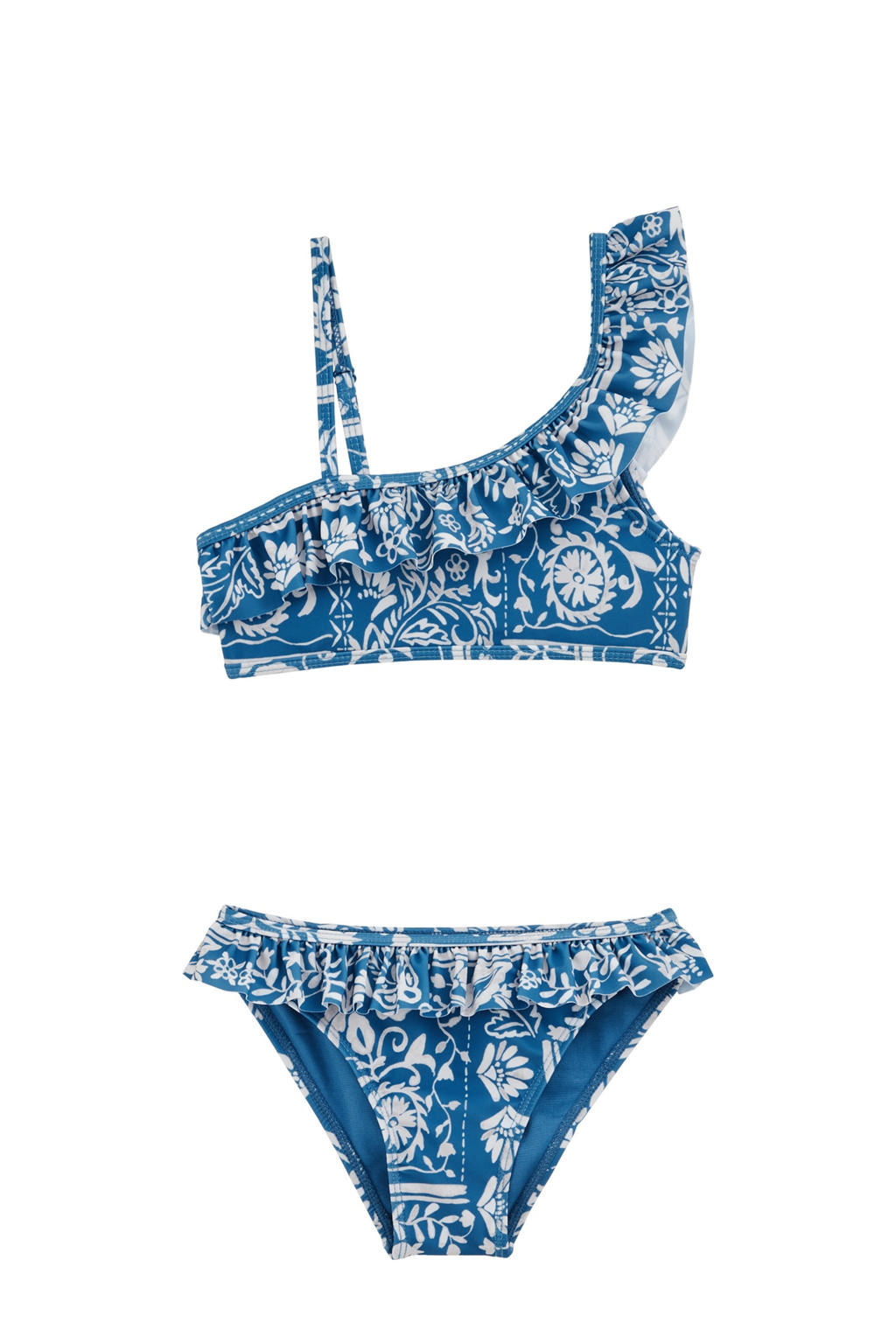 WE Fashion one shoulder bikini met ruches blauw/wit