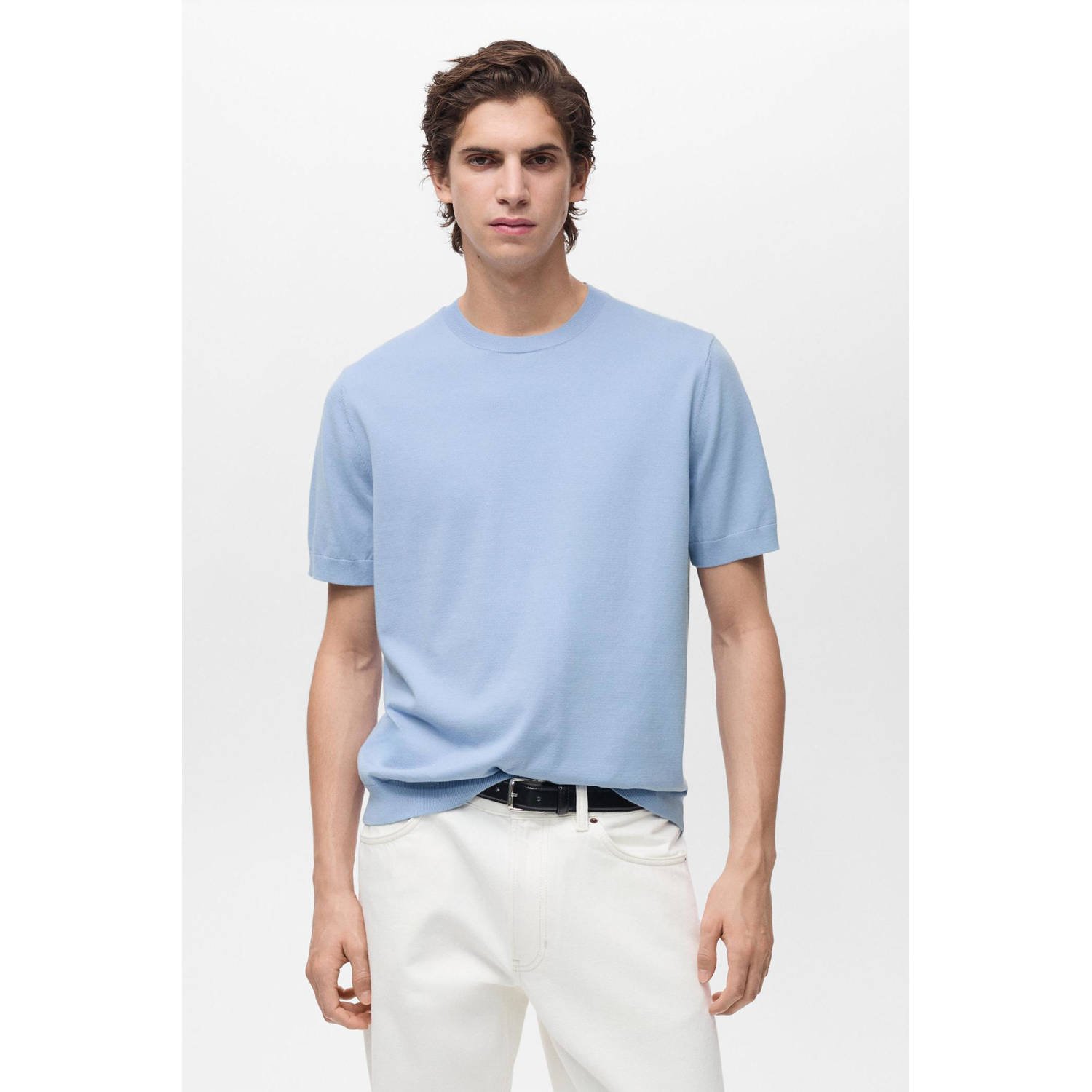 Mango Man T-shirt fijn gebreid blauw