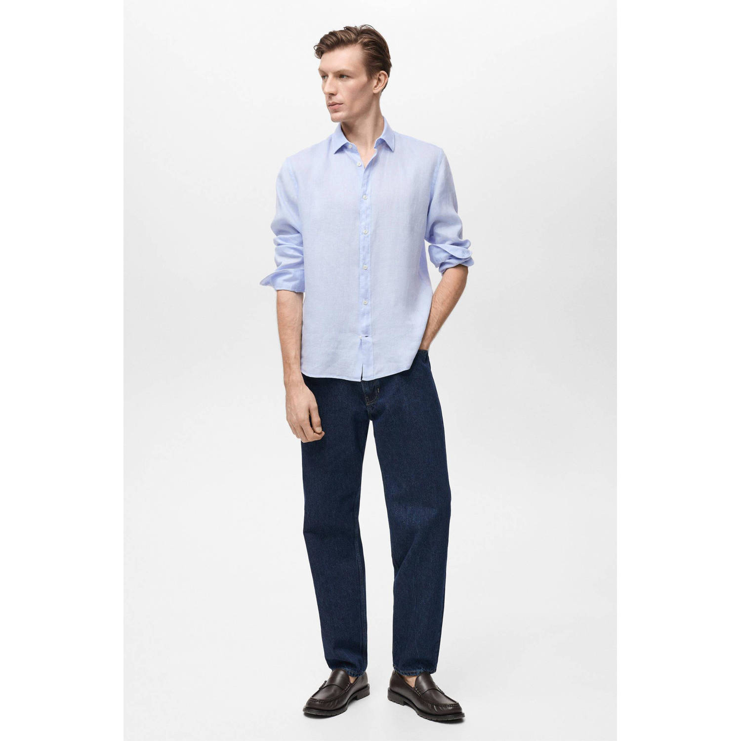 Mango Man linnen casual overhemd lichtblauw