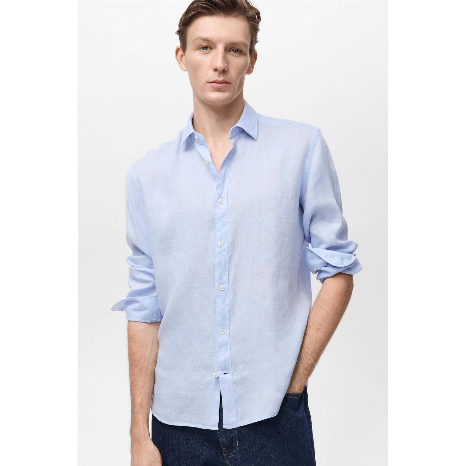 Mango Man linnen casual overhemd lichtblauw