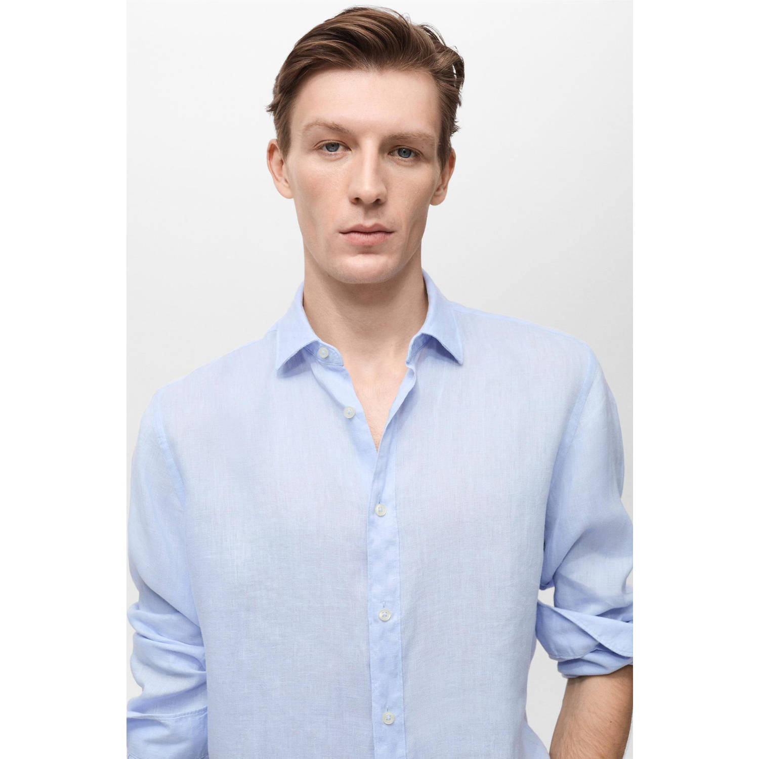 Mango Man linnen casual overhemd lichtblauw