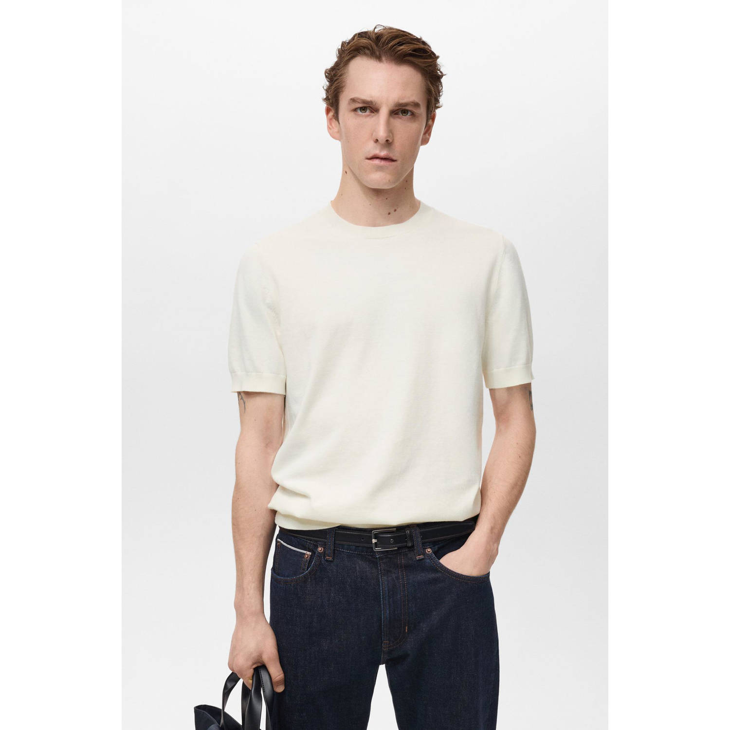 Mango Man T-shirt fijn gebreid ecru