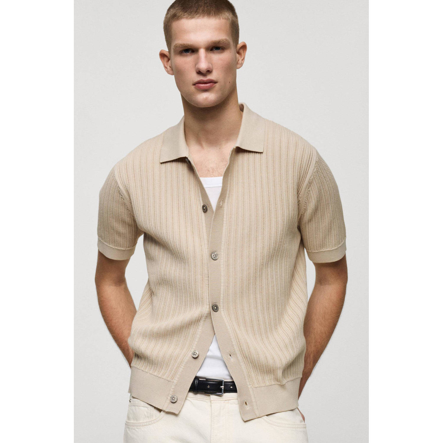 Mango Man casual overhemd gebreid beige