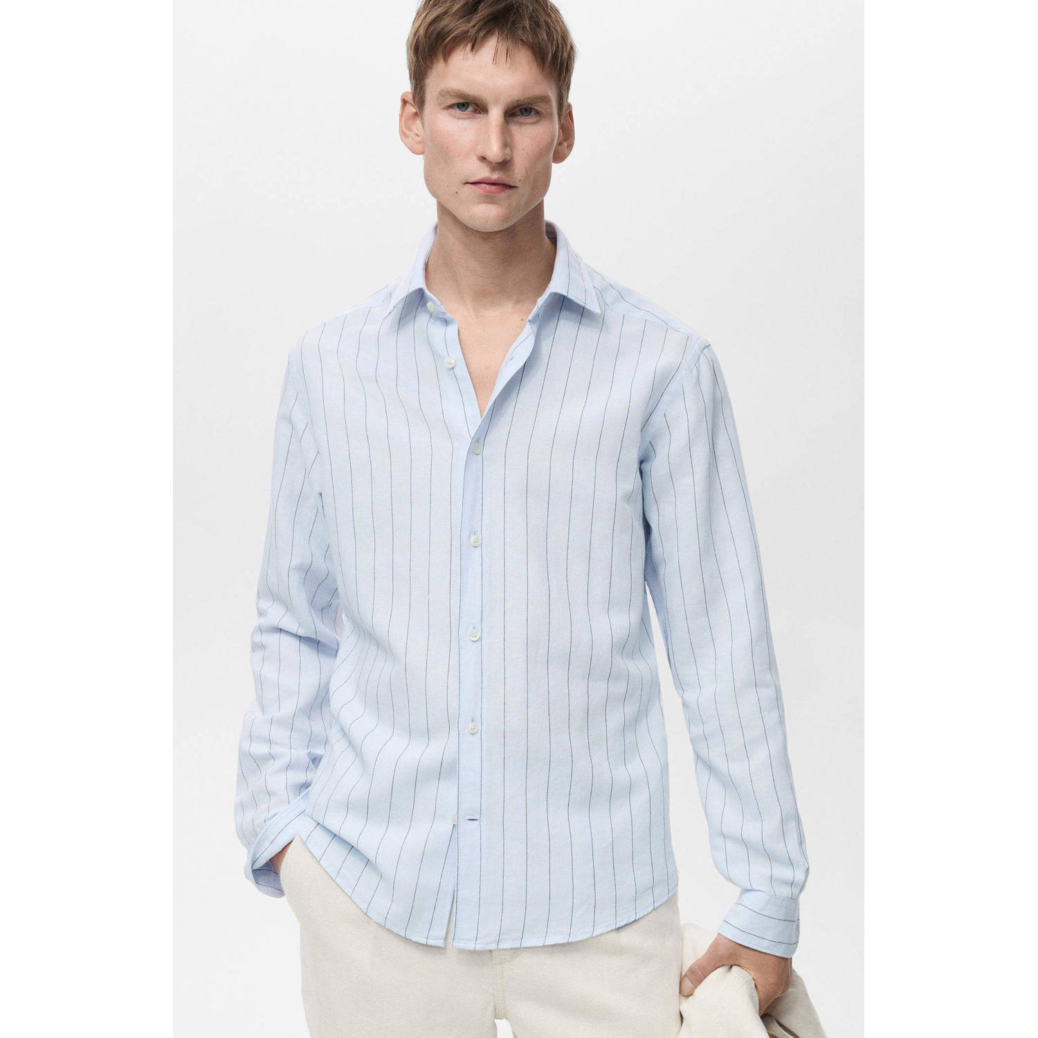 Mango Man linnen casual overhemd lichtblauw