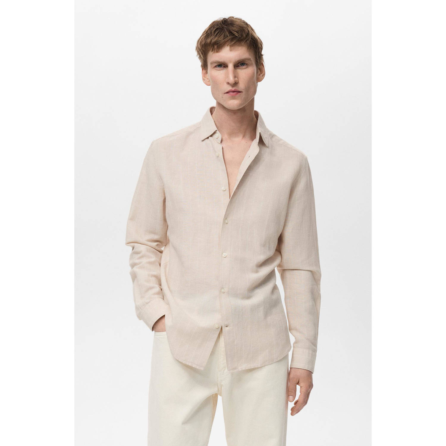 Mango Man linnen casual overhemd ecru