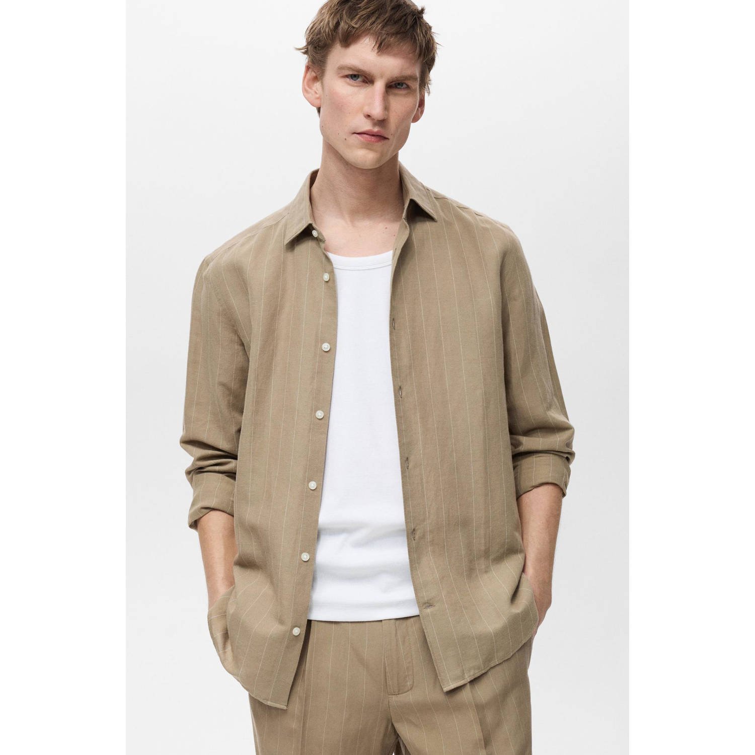 Mango Man linnen casual overhemd beige