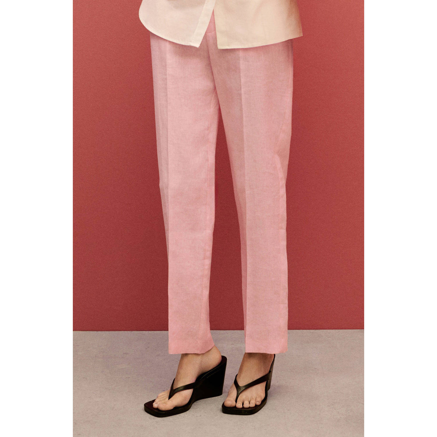 Mango linnen pantalon slim fit lichtroze
