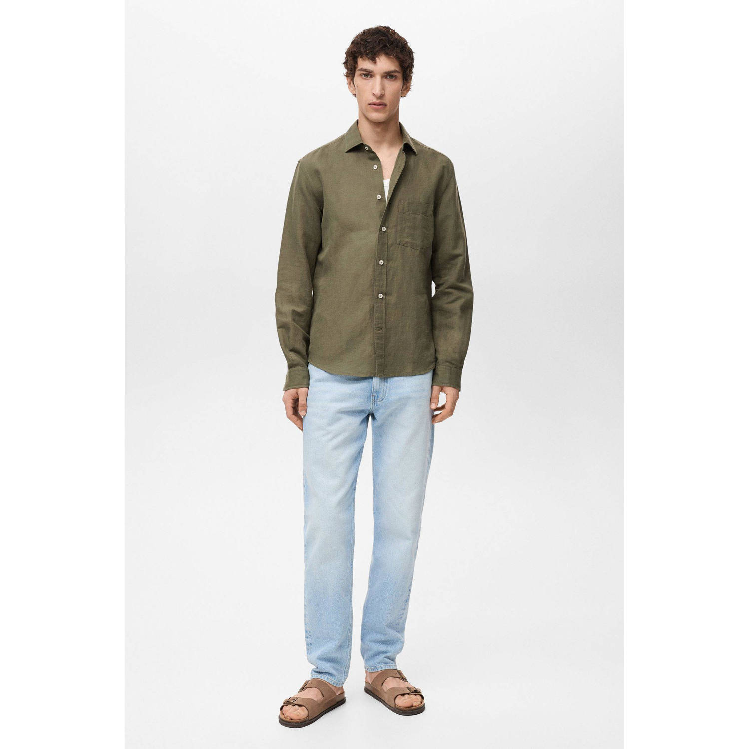 Mango Man linnen casual overhemd kaki