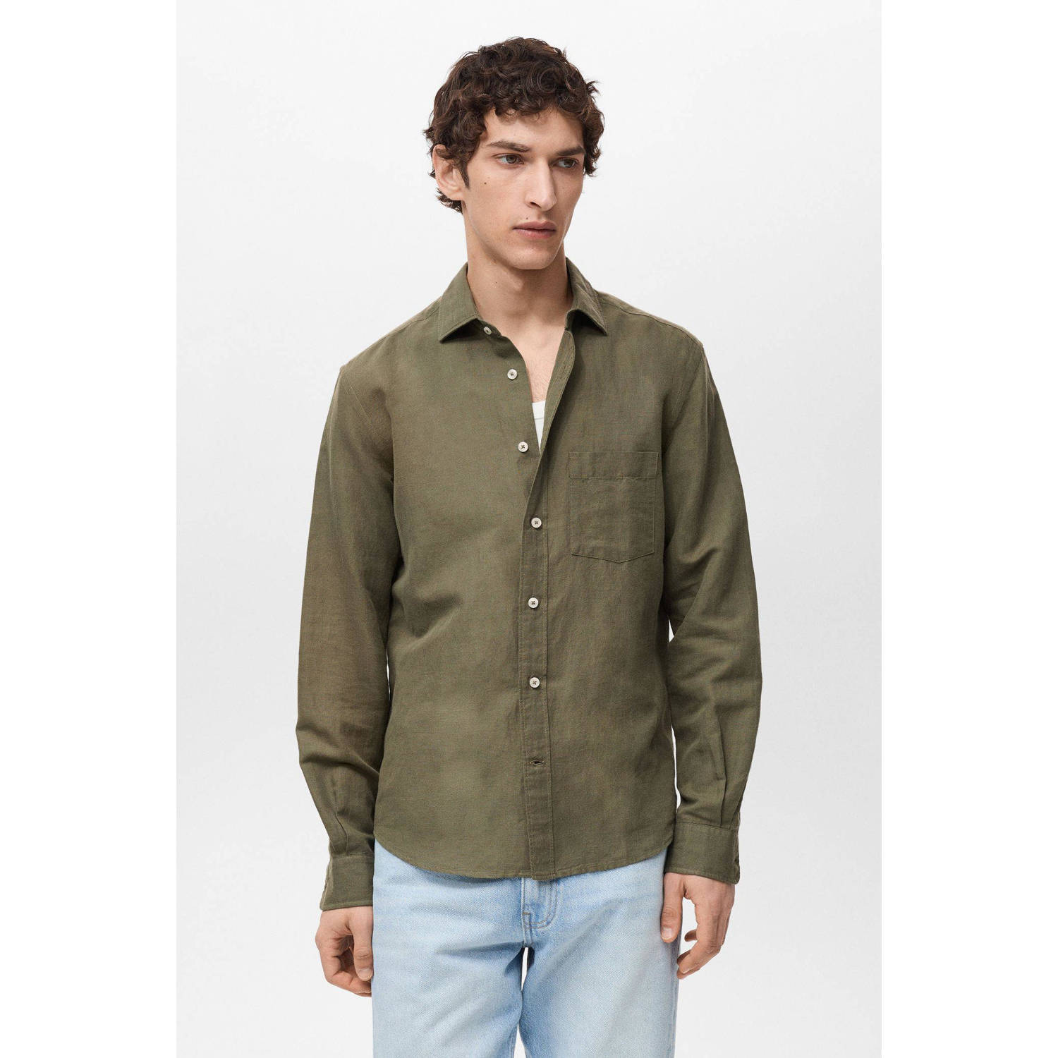 Mango Man linnen casual overhemd kaki