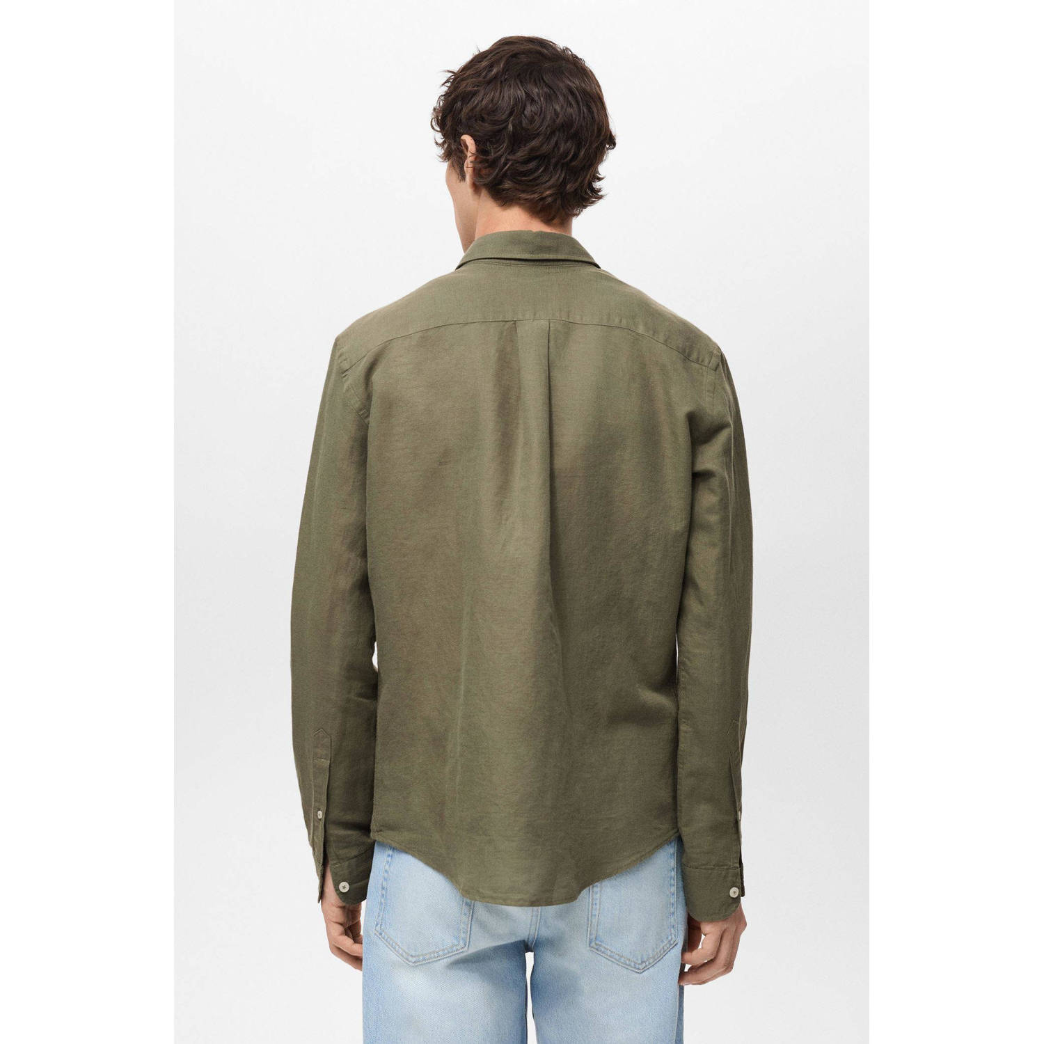 Mango Man linnen casual overhemd kaki
