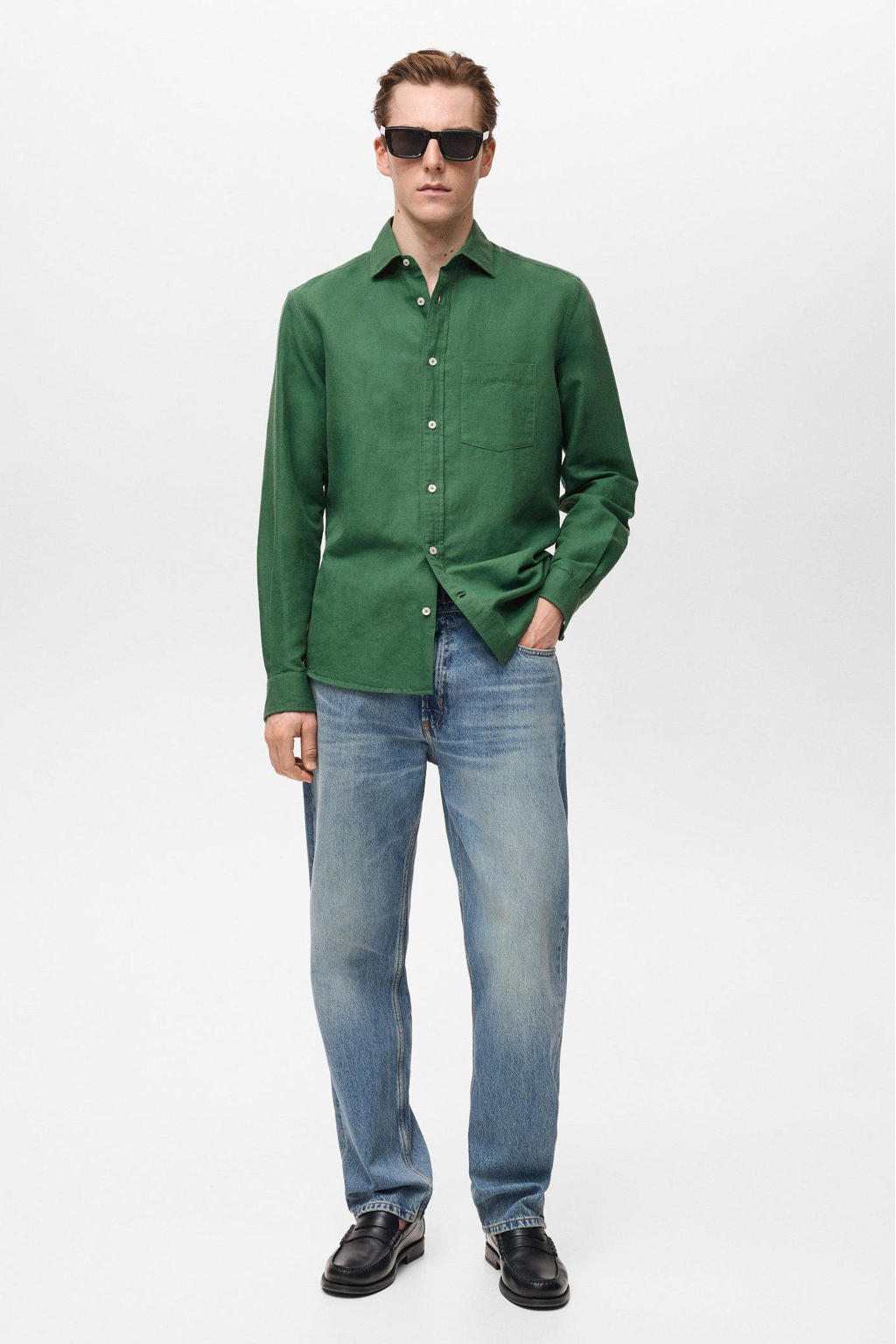 Groene heren Mango Man linnen casual overhemd met effen, lange mouwen, klassieke kraag en knoopsluiting