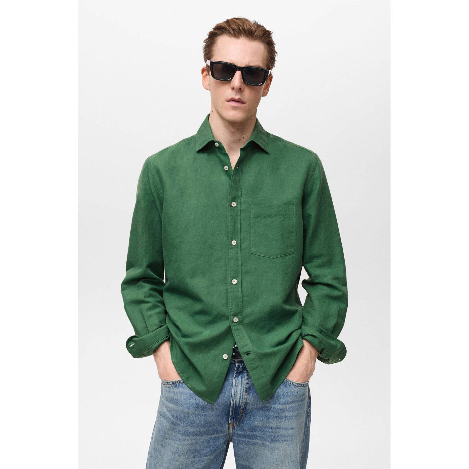 Mango Man linnen casual overhemd groen