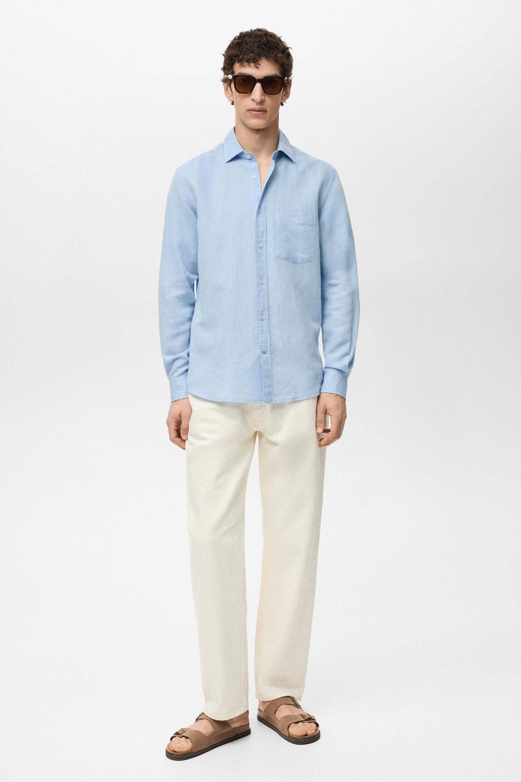 Lichtblauwe heren Mango Man linnen casual overhemd met effen, lange mouwen, klassieke kraag en knoopsluiting