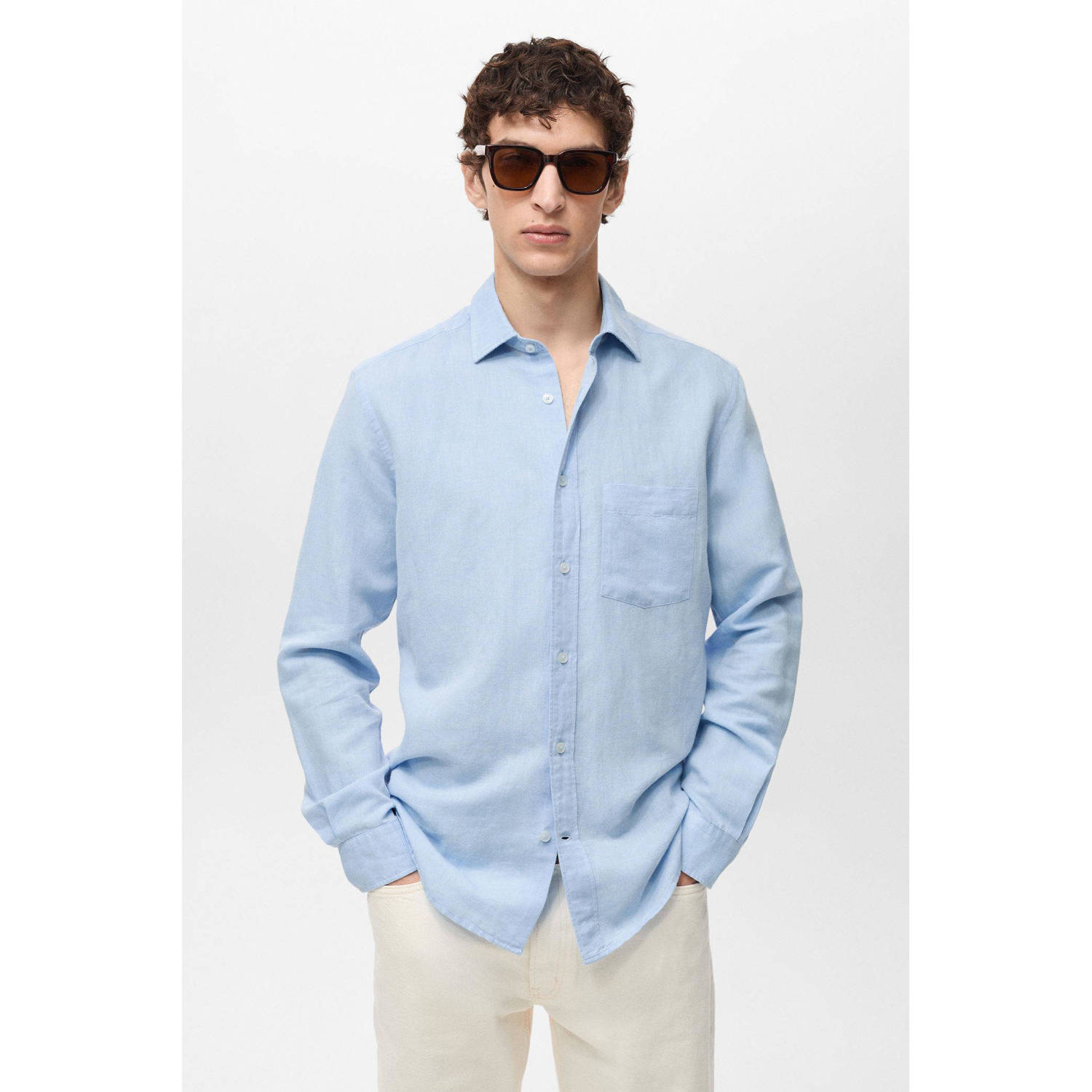 Mango Man linnen casual overhemd lichtblauw