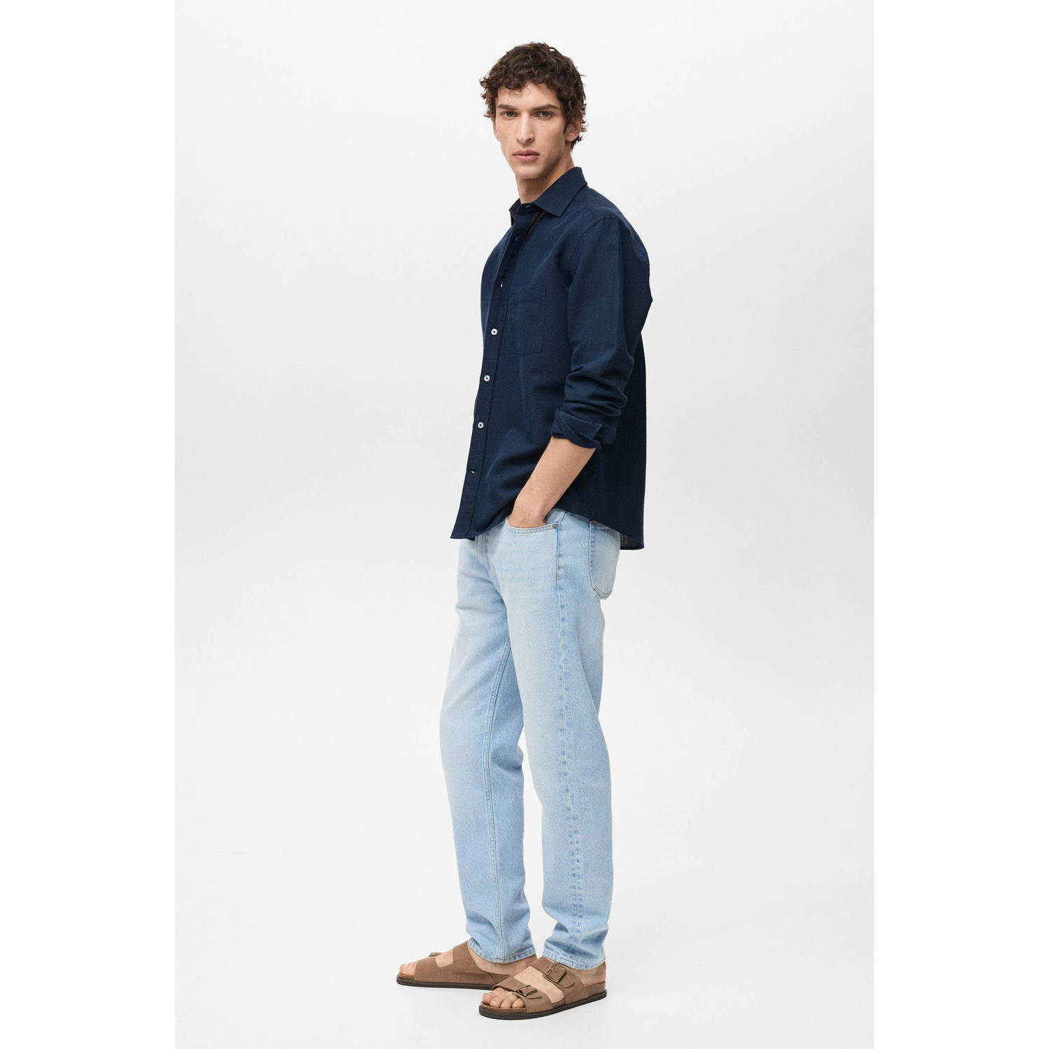 Mango Man linnen casual overhemd donkerblauw