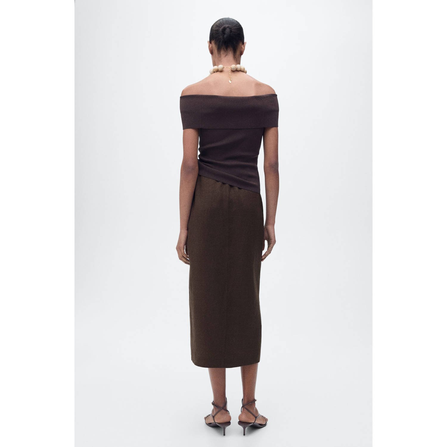 Mango linnen midi rok donkerbruin