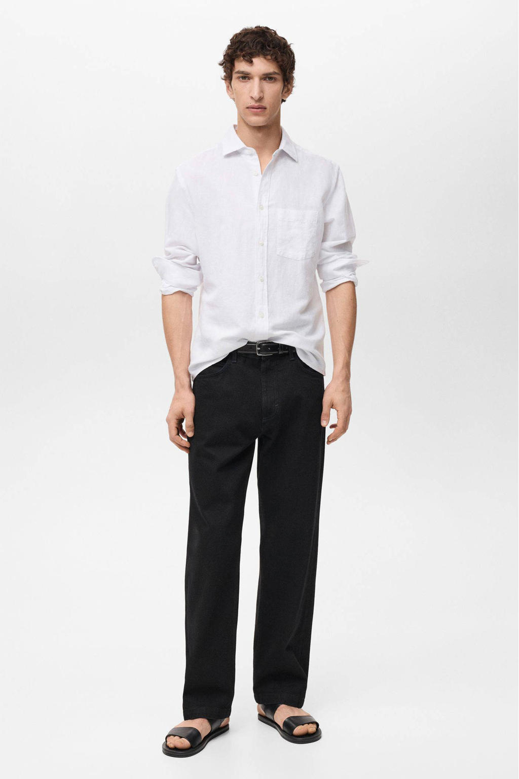 Witte heren Mango Man linnen casual overhemd met effen, lange mouwen, klassieke kraag en knoopsluiting