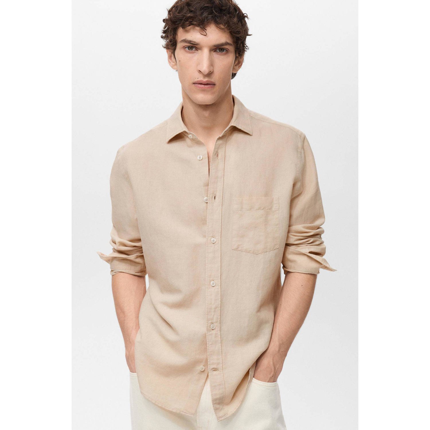 Mango Man linnen casual overhemd beige