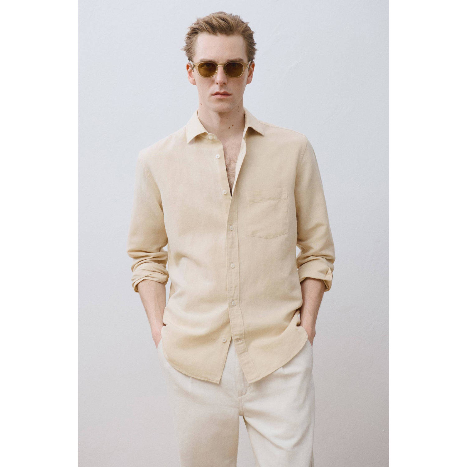 Mango Man linnen casual overhemd beige