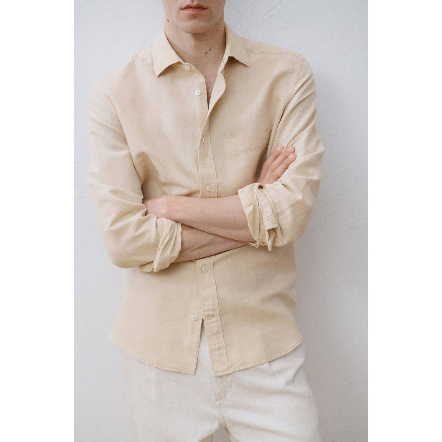 Mango Man linnen casual overhemd beige